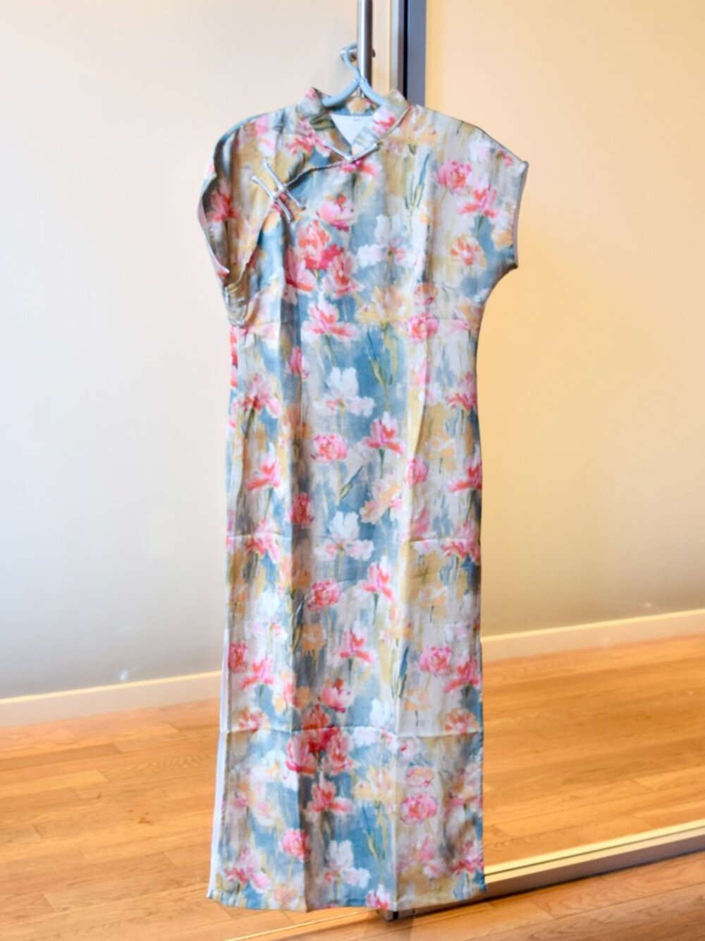 Green Pink Flora Printed Satin Qipao Long Dress - Chinese Cheongsam